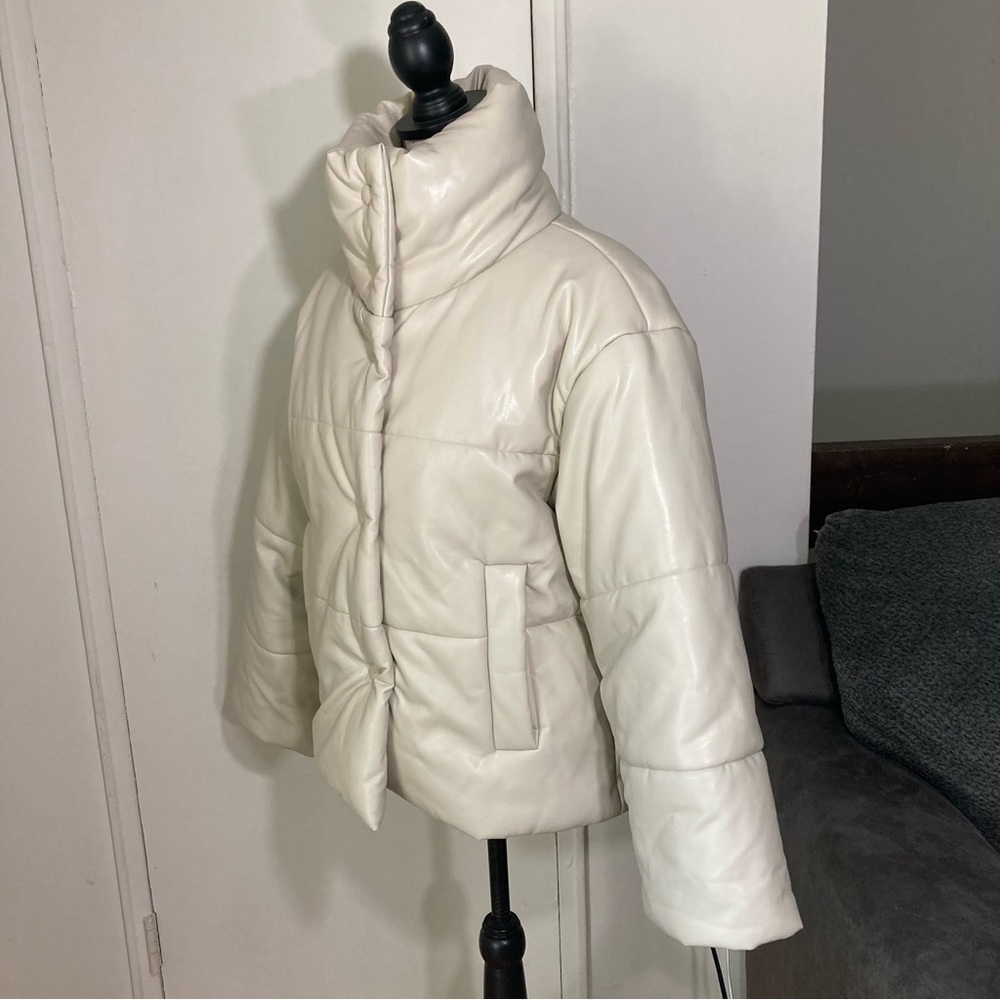 Faux Leather Cream Puffer Jacket High Neck Funnel Neck Coat - Picture 8 of 17